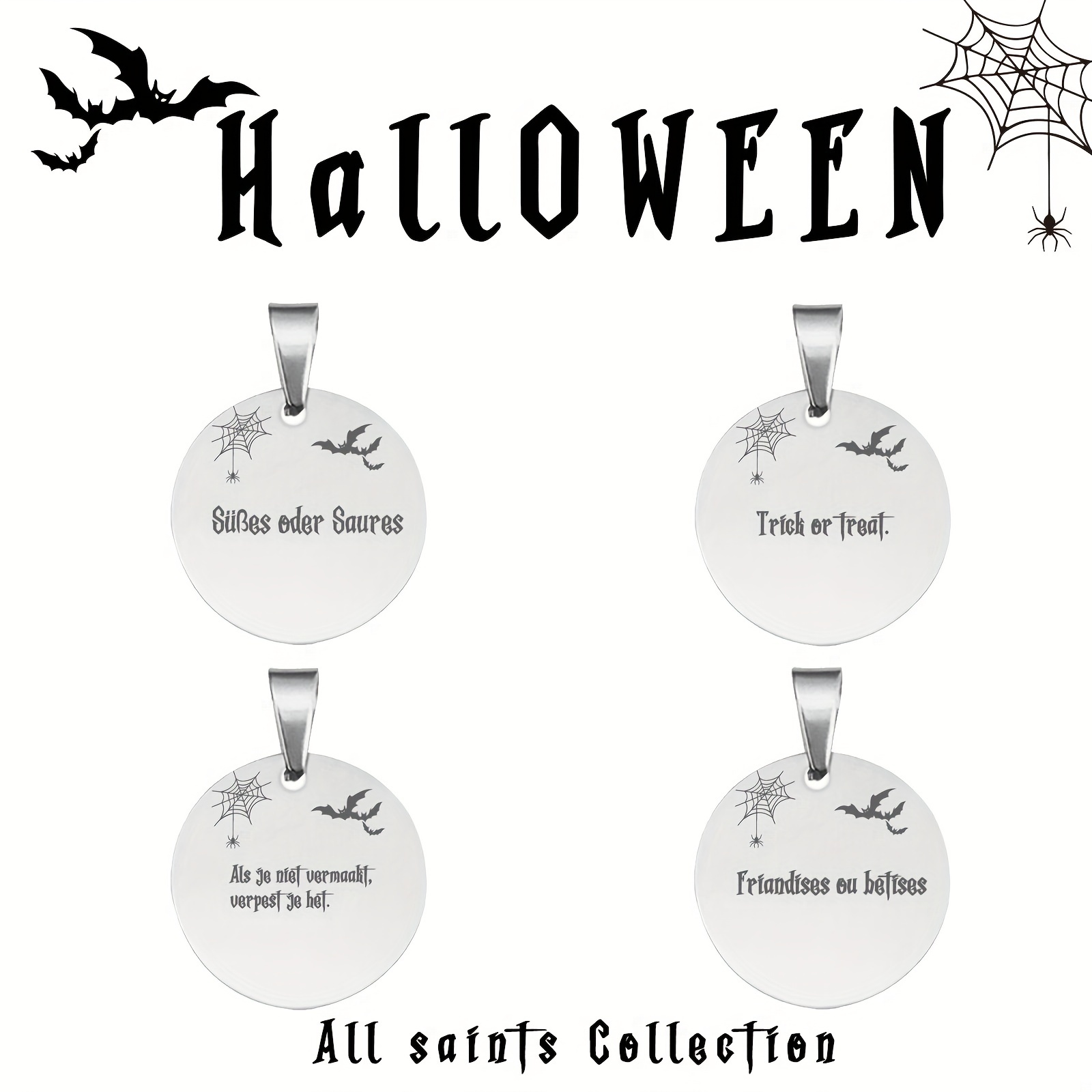 1pc Halloween Pet Tag In Silver, Multilingual (trick Or Treat) Pet Tag ( french)