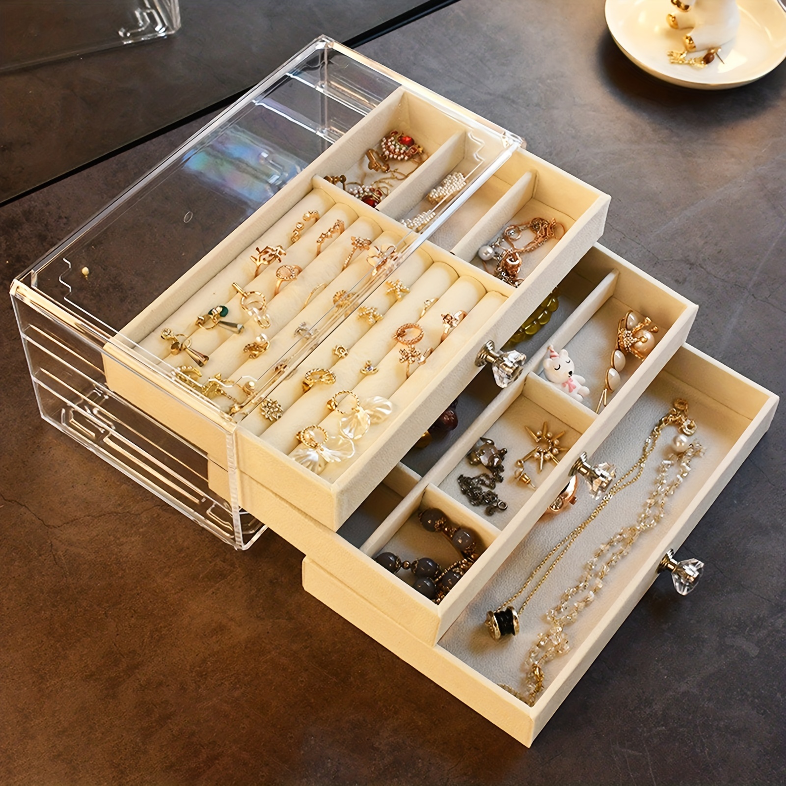 1pc Acrylic Jewelry Organizer Box, 3 Drawers Clear Jewelry Storage Box For  Girls, Bracelet, Necklace & Ring Holder With Velvet Lining, Anti-oxidation