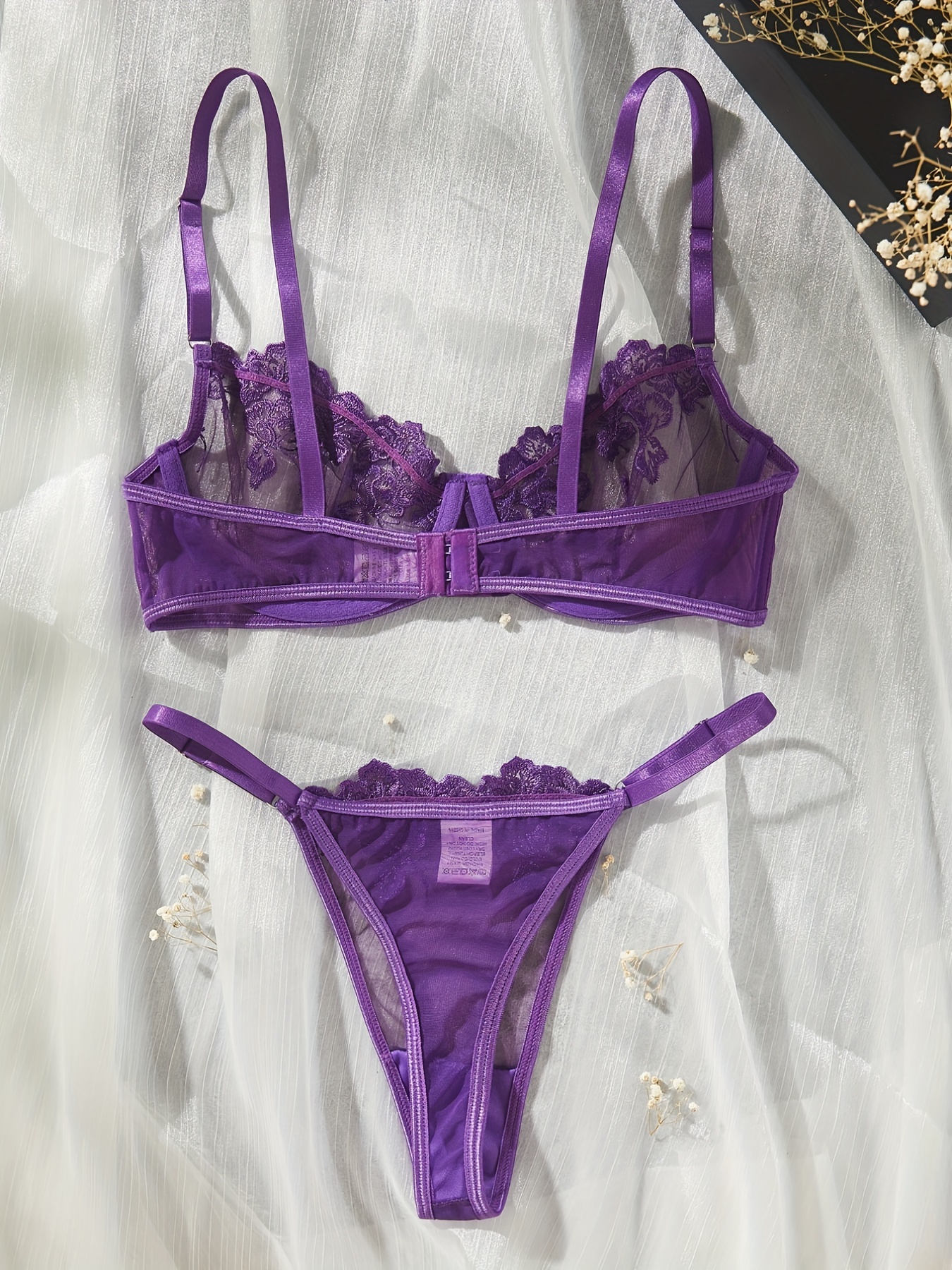 Lingerie For Women Women's Purple Lingerie Lace Embroidery Flower Bra Set  Underwear Women