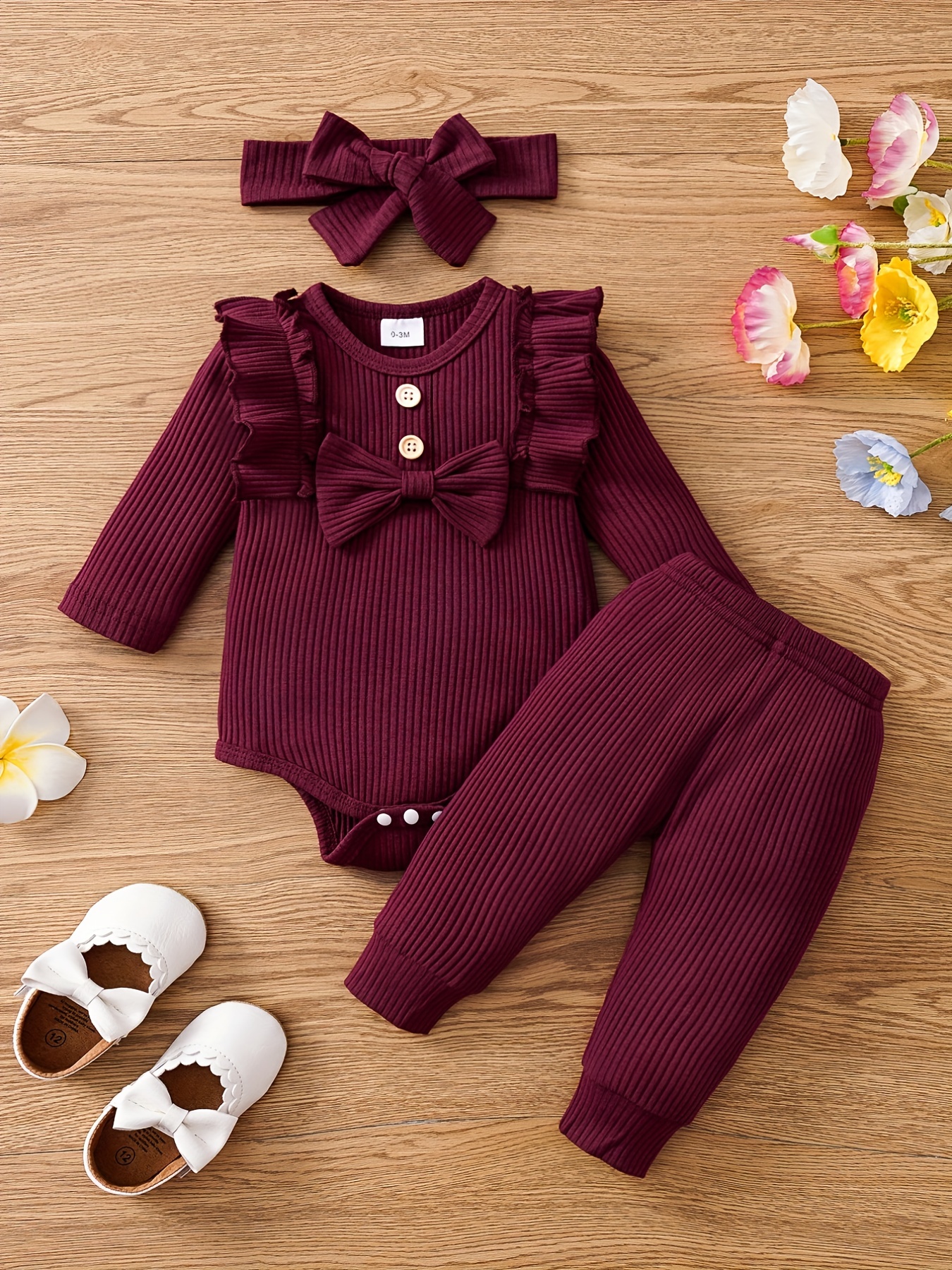 3pcs Baby Girls Bowknot Onesie & Pants & Headband Set