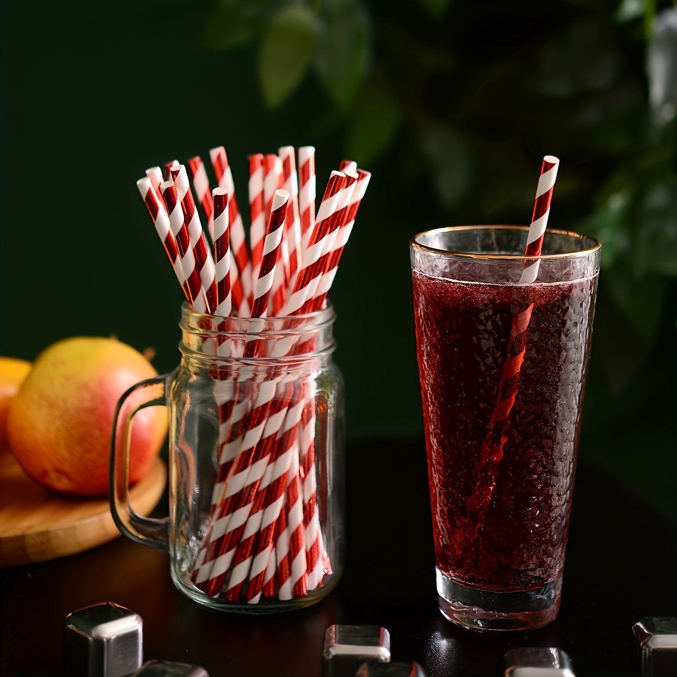 25pcs Disposable Red & Green Stripe Candy Cane Paper Straws