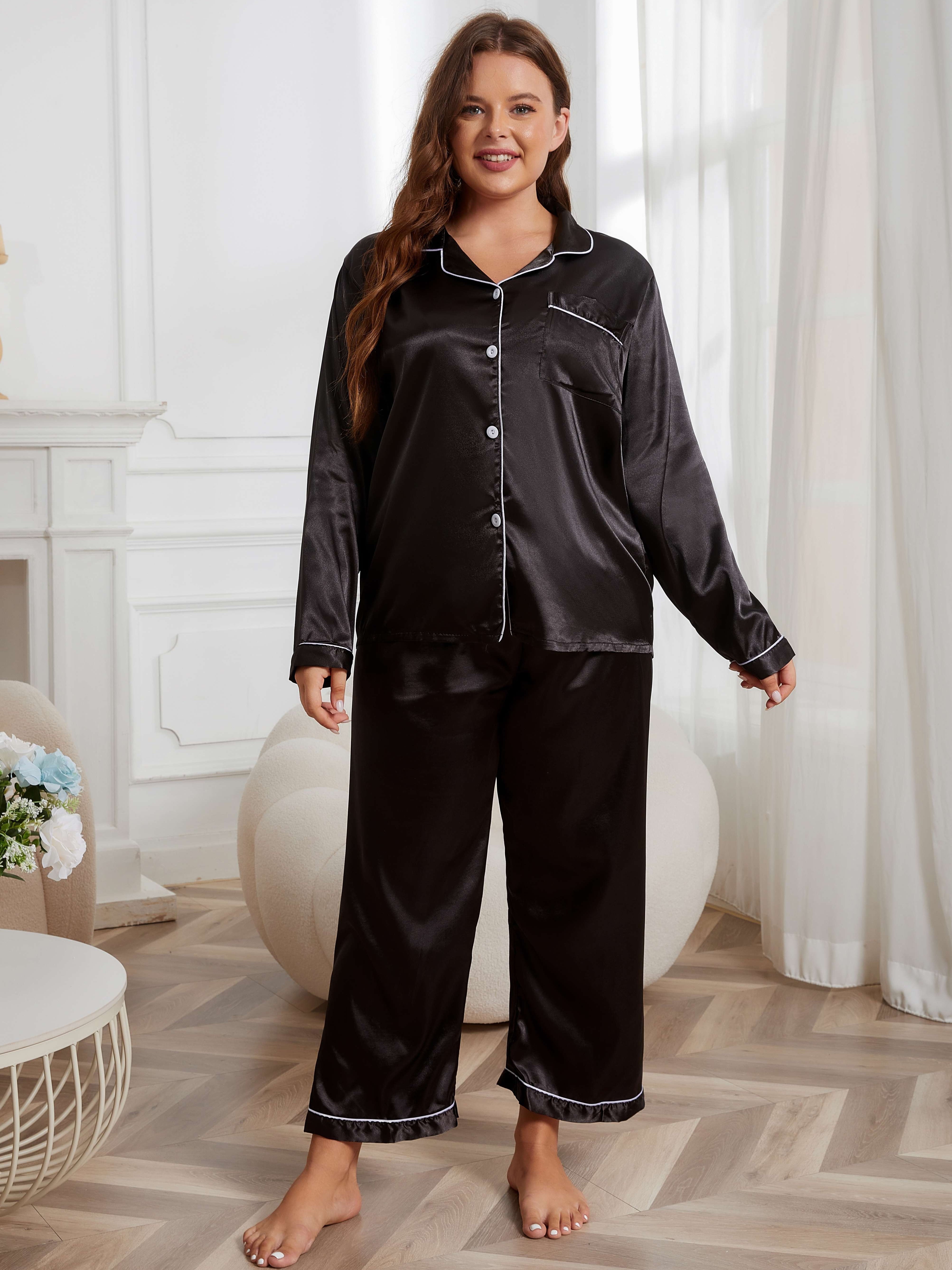 Elegant Solid Satin Pajama Set Long Sleeve Button Lapel - Temu United  Kingdom