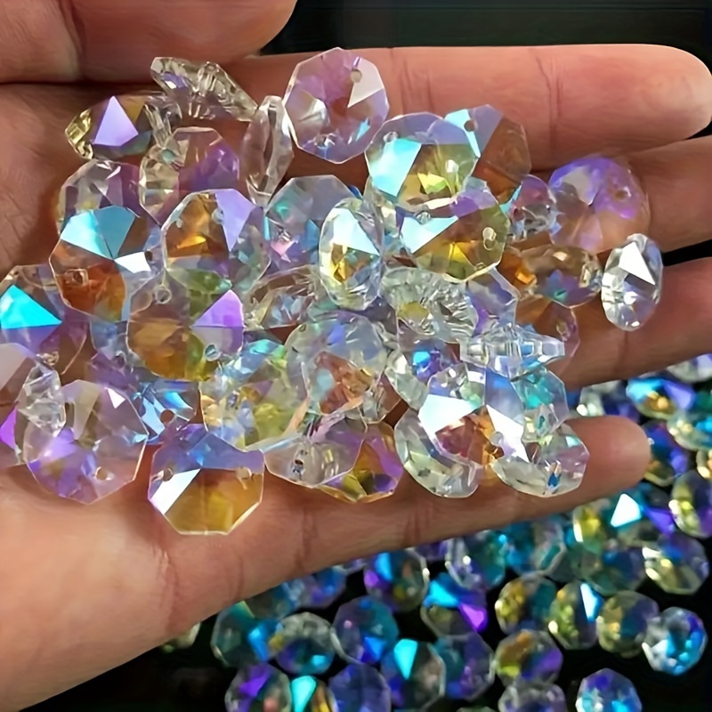 Image of 100pcs 14mm 2 Holes Octagonal Colorful Glass Crystal Beads Light Prism Part Suncatcher Charms Beads For Jewelry Making Diy Decorative Supplies