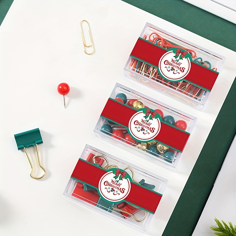 Christmas Stationery Set With 3 Small Compartments Earth Push Pins (12pcs),  Spiral Paper Clips (20pcs) And Extra-long Tail Clips (5pcs)