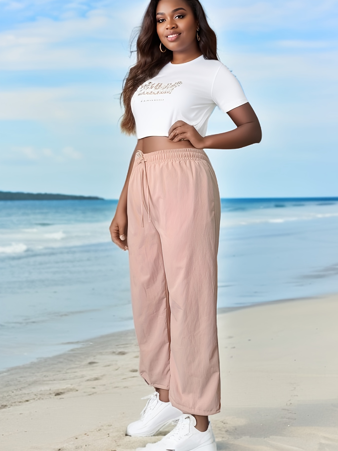 Plus Size Casual Pants, Women's Plus Solid Elastic Drawstring High Rise  Wide Leg Trousers