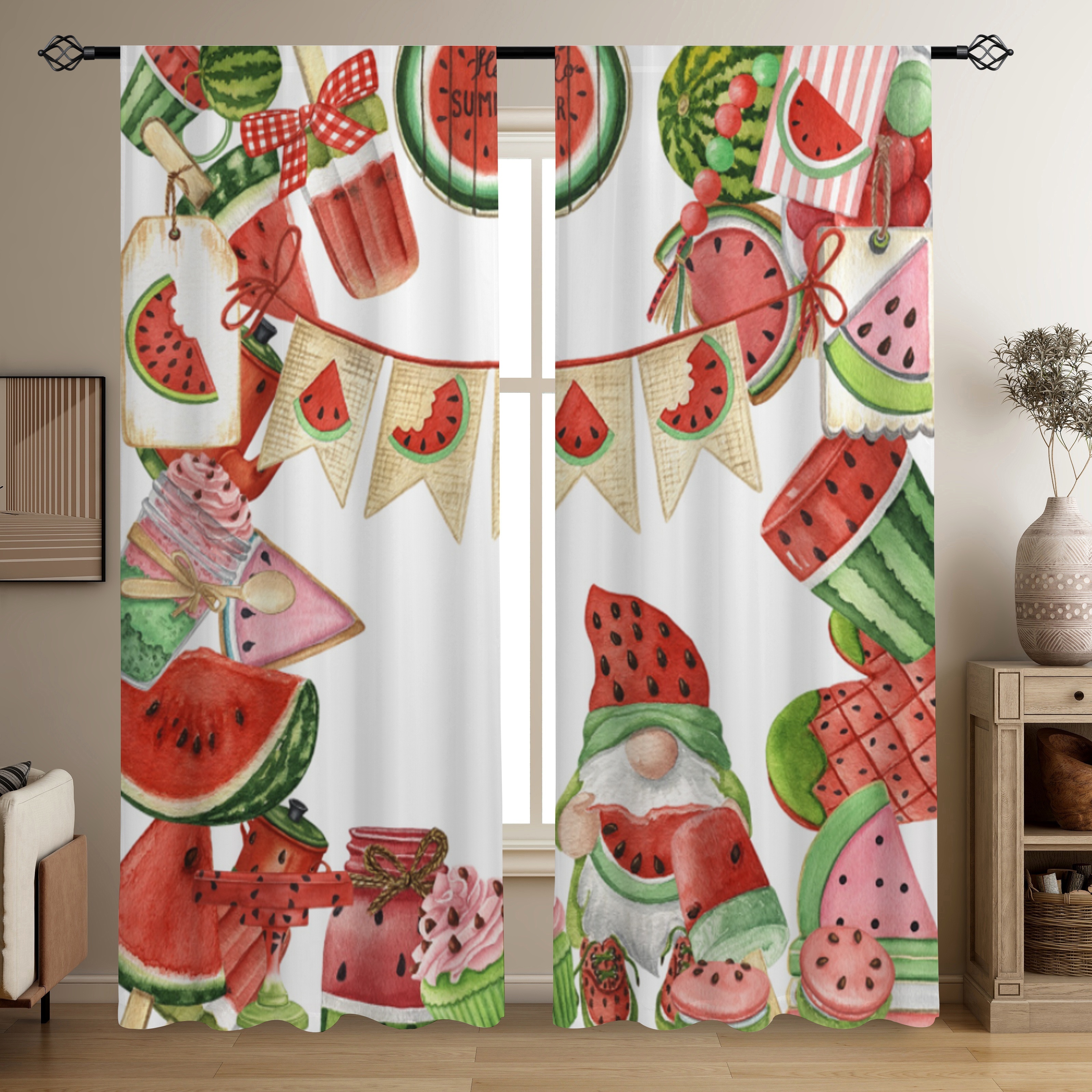 

2pcs, Summer Watermelon Gnome Dwarf Printed Translucent Curtains, Living Room Playroom Bedroom Multi-scene Polyester Rod Pocket Decorative Curtains Home Decor Party Supplies