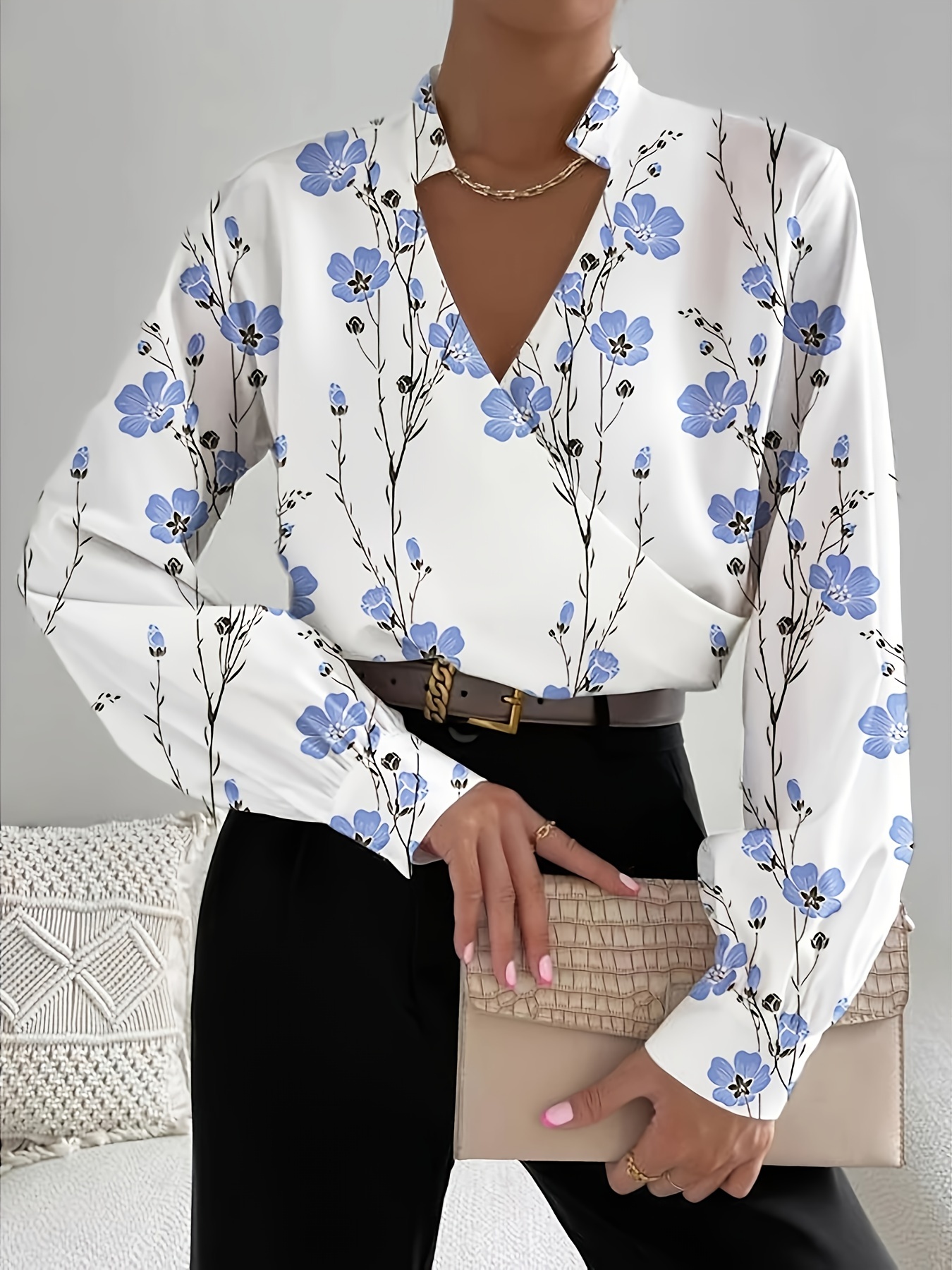 Блузка з квітковим принтом та V-подібним вирізом, проста блуза з довгими рукавами, жіночий одяг