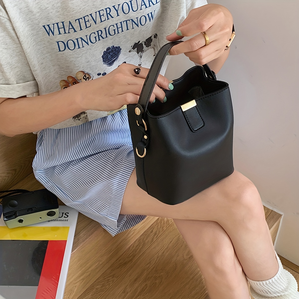 Medium Bucket Bag Black Minimalist For Work