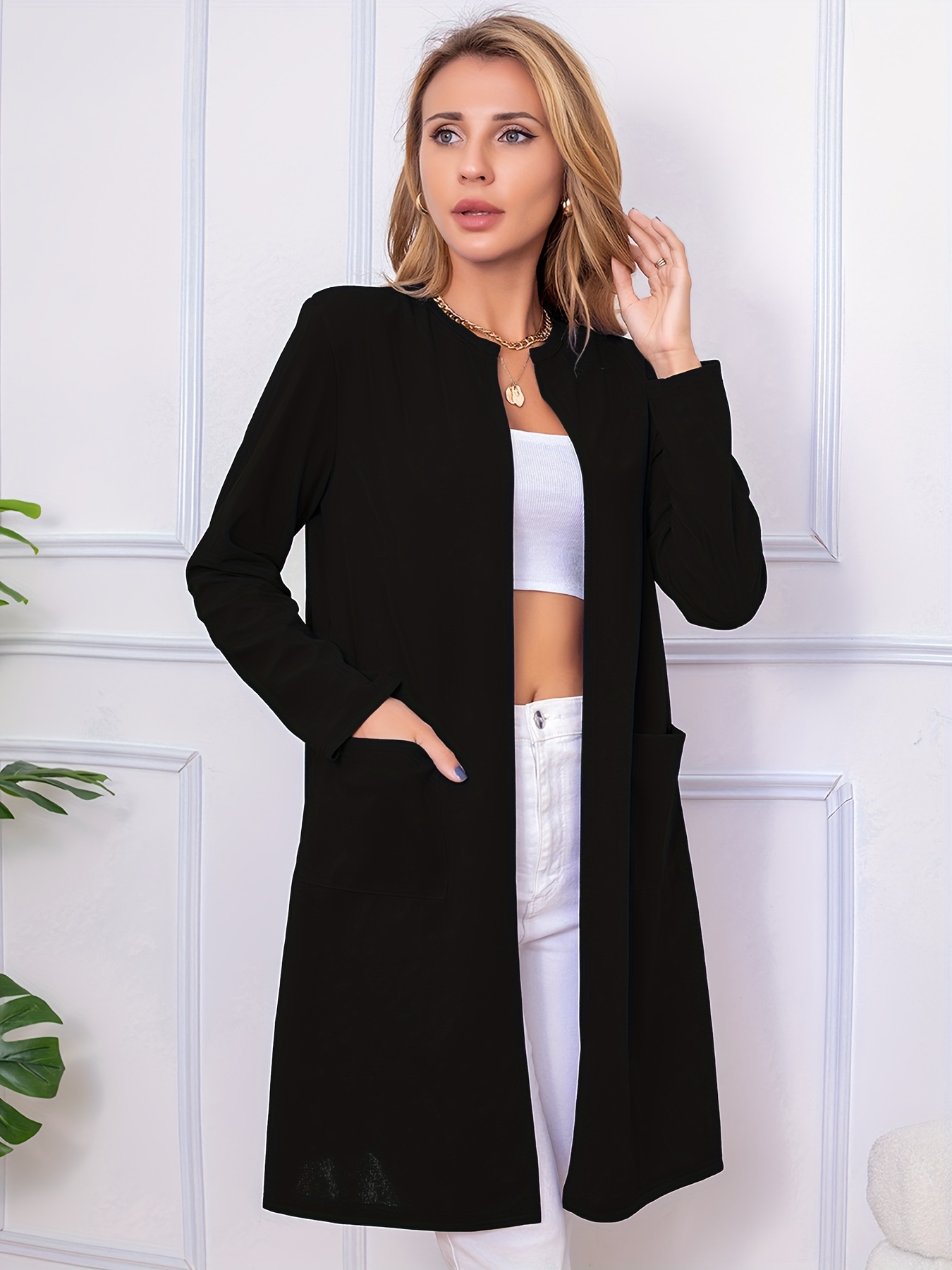 Long Length Open Front Coat Casual Long Sleeve Solid - Temu Canada