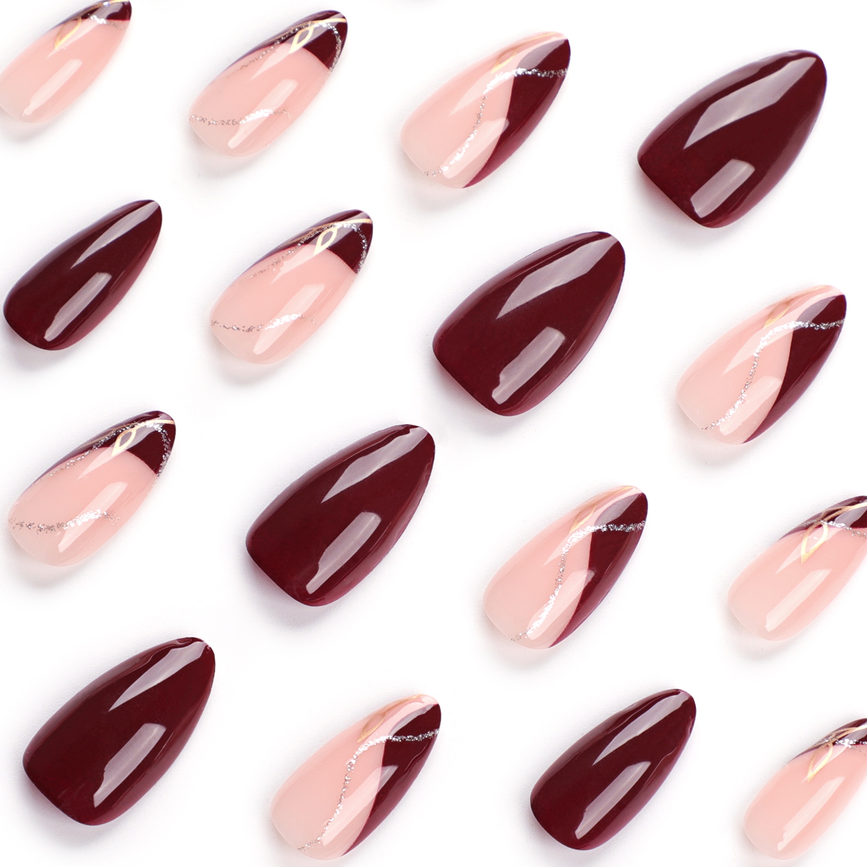 Glossy Medium Almond Fake Nails Wine Red French Press Nails - Temu