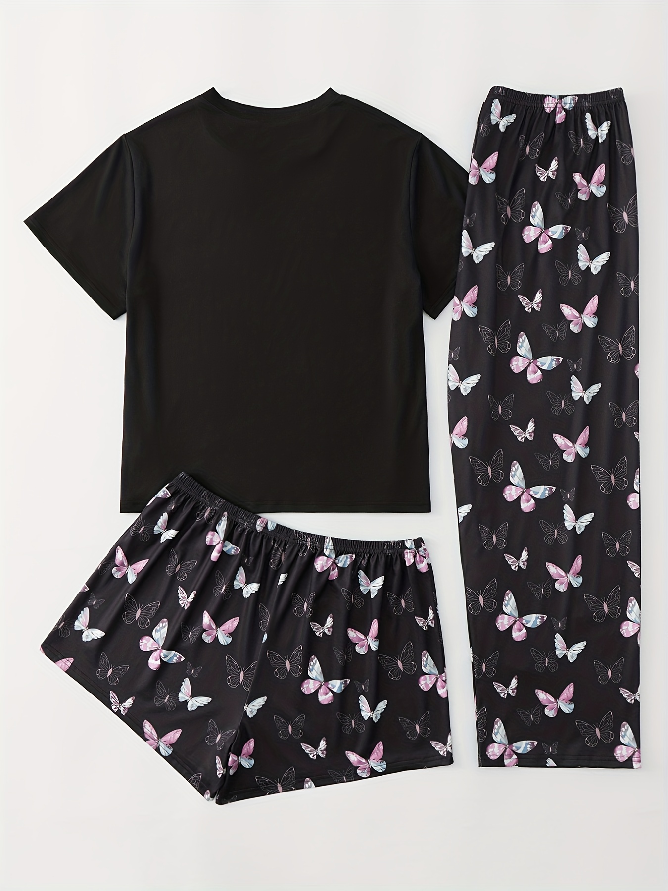 Butterfly Print Tee & Shorts & Pants Loungewear Set