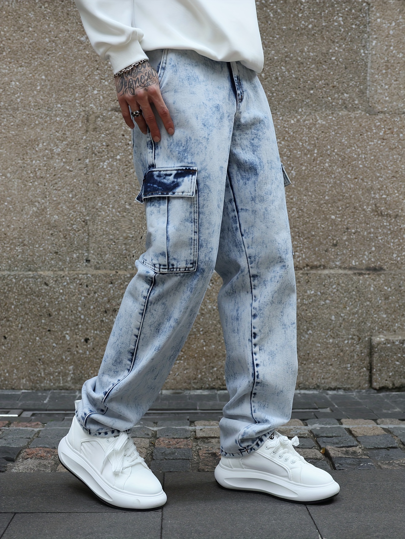 Loose Fit Flap Pocket Jeans Jeans de Carga Estilo de Rua - Temu Portugal