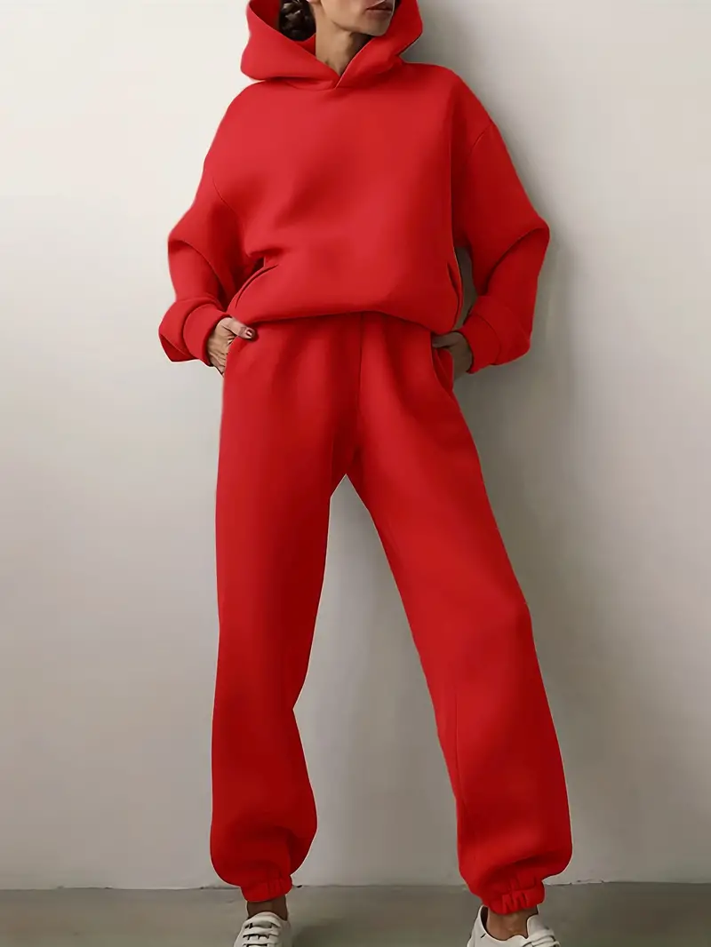 casual solid two piece set drop shoulder long sleeve hoodies elastic waist jogger pants outfits womens clothing red 2
