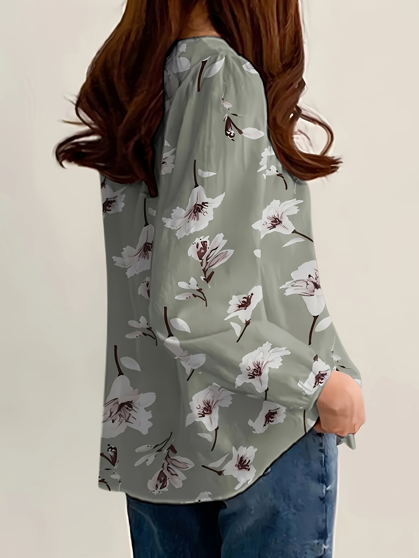 Floral Print Pleated Crew Neck Blouse, Bahar ve Sonbahar için Casual Uzun Kollu Bluz, Kadın Giyim