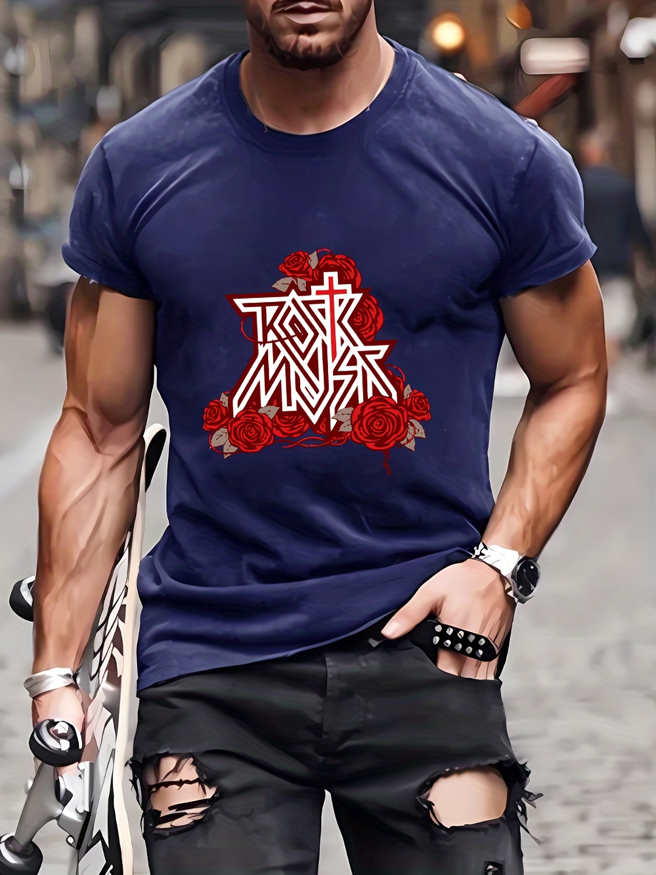 Rose ROCK MUSIC Padrão Impressão Homens Comfy Chic T shirt