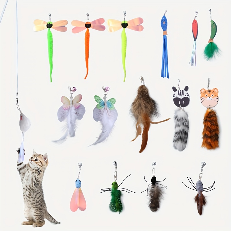 Cat Toys , Interactive Cat Toy 1PC Retractable Wand Toy And 10PCS Feather  Toys Refills, Cat Worm Toy Refills,Funny Kitten Toys Cat Fishing Pole Toy  For Bored Indoor Cats Chase And Exercise