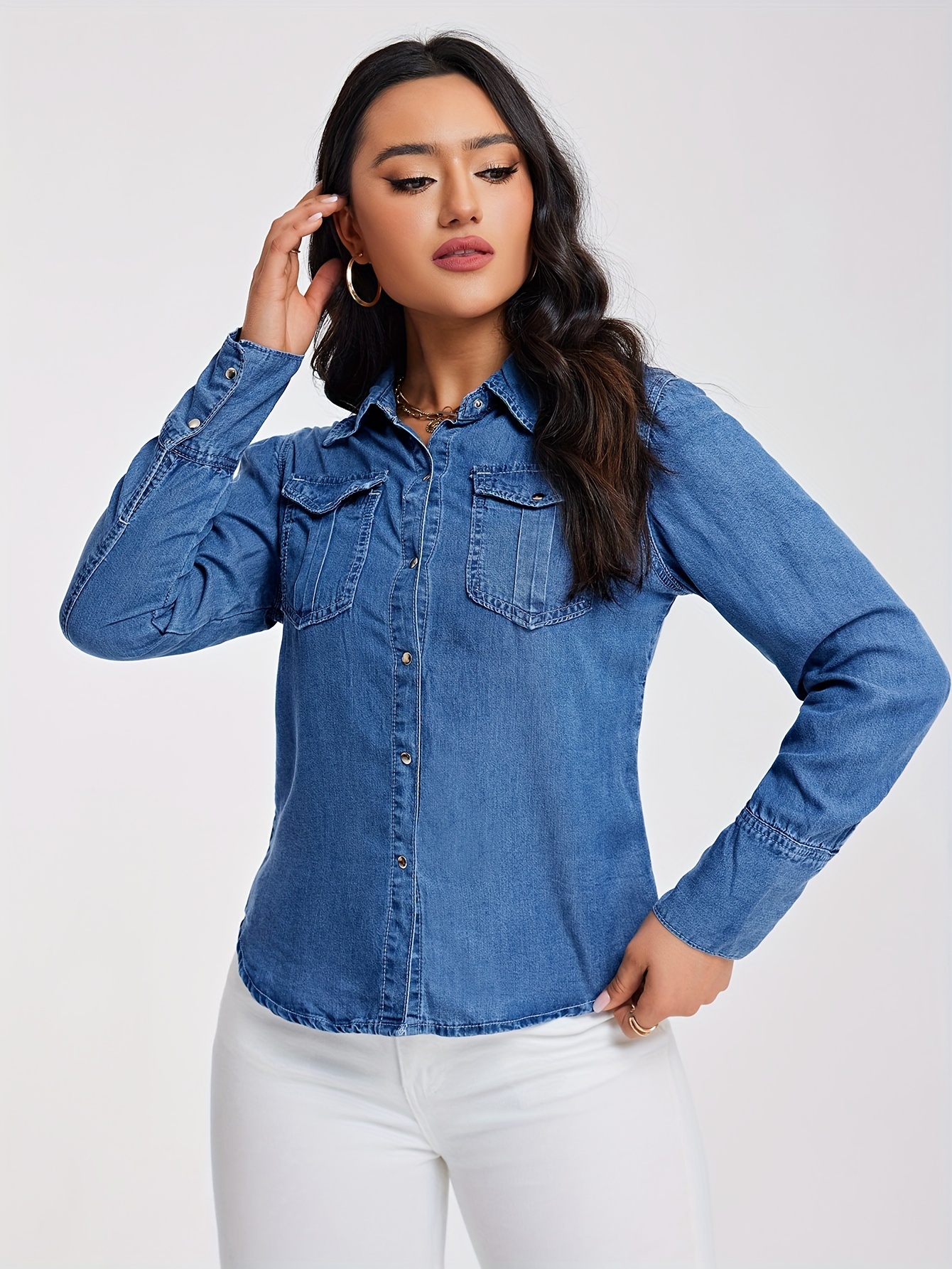 flap pockets lapel denim top long sleeves single breasted button denim jacket womens denim clothing details 0