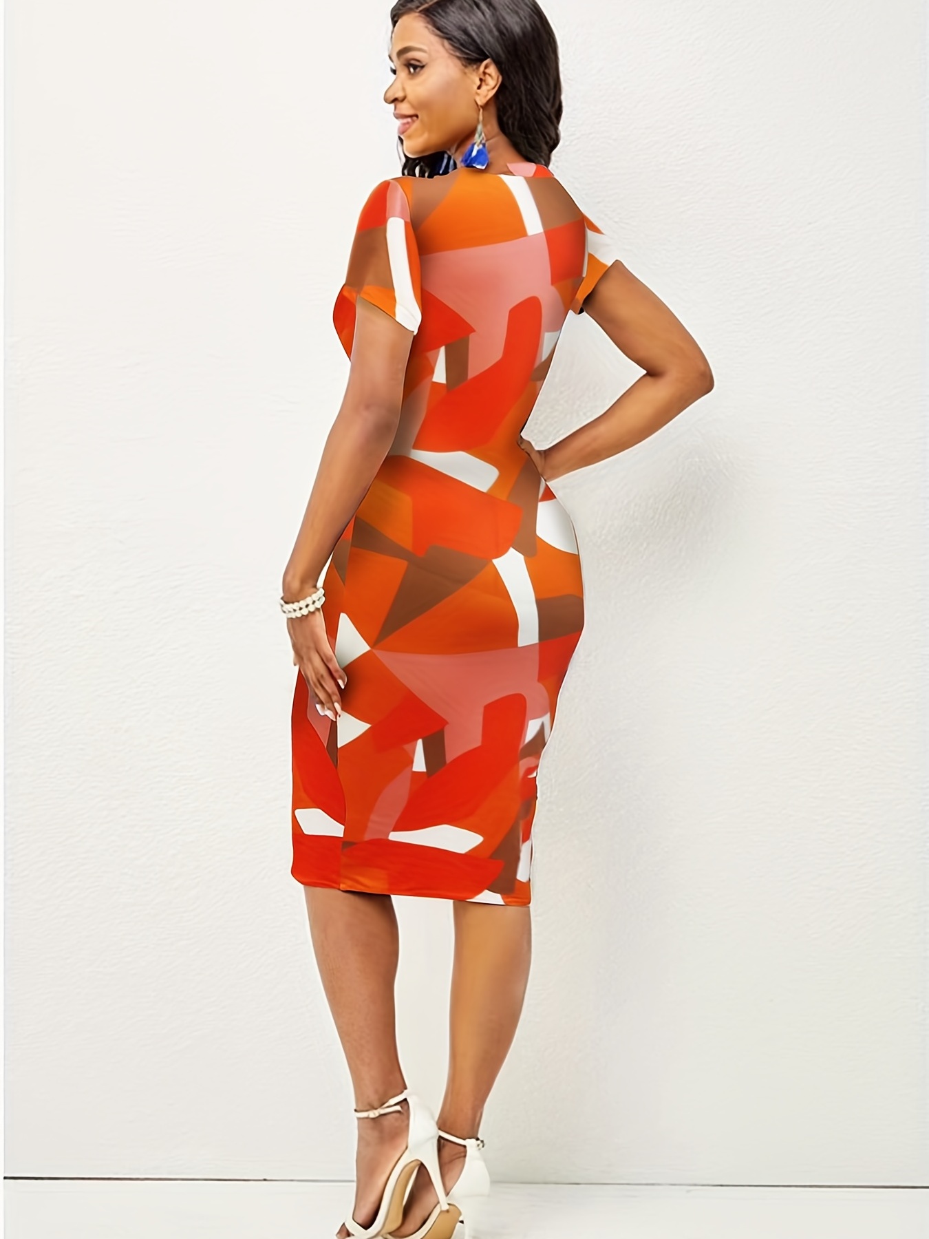 Color Block Geo Print Dress Elegant Mock Neck Short Sleeve - Temu
