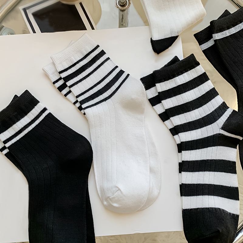 5 Pares Calcetines Rayas En Blanco Negro Calcetines Casuales - Temu