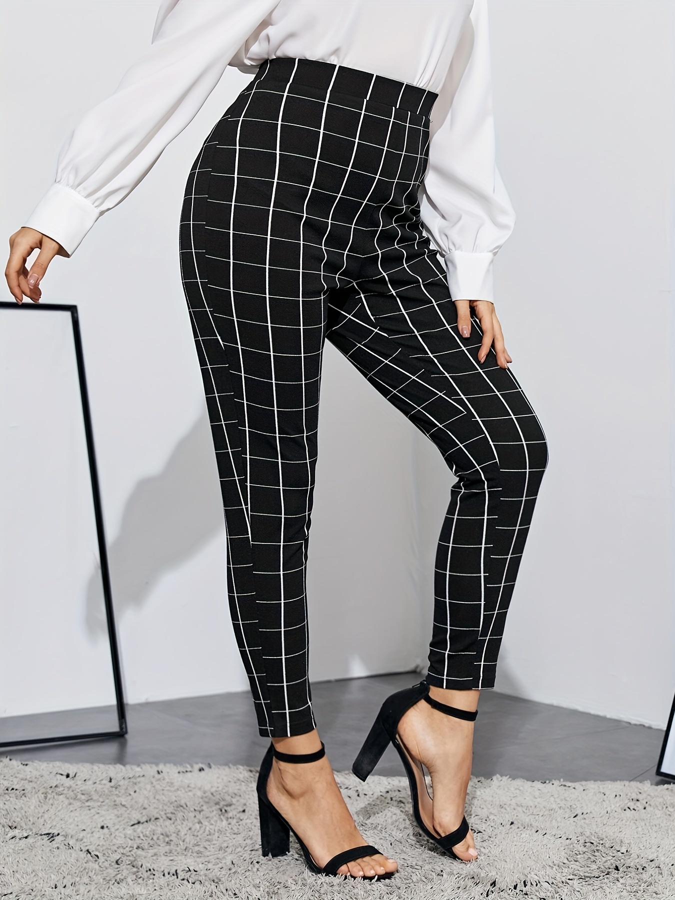 Plus Size Elegant Pants, Women's Plus Grid Print High Rise Slight Stretch  Skinny Trousers