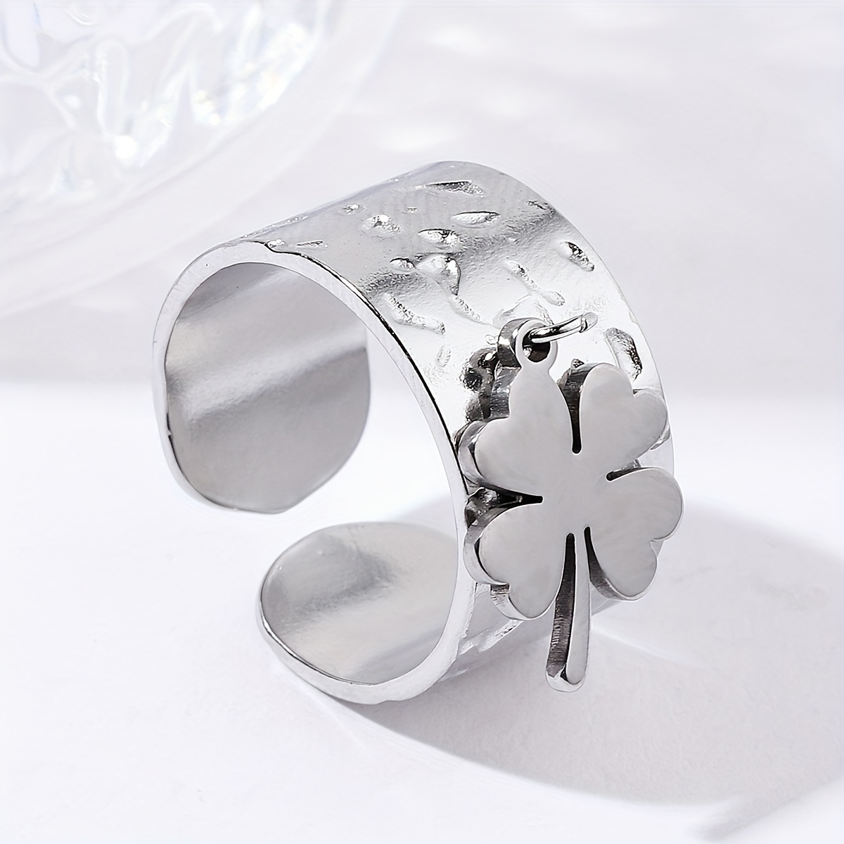 

Stainless Steel Four-leaf Clover Open Ring, Men's Textured Wide Ring, For Daily Wear, For Banquet Party Holiday Birthday Anniversary Gift