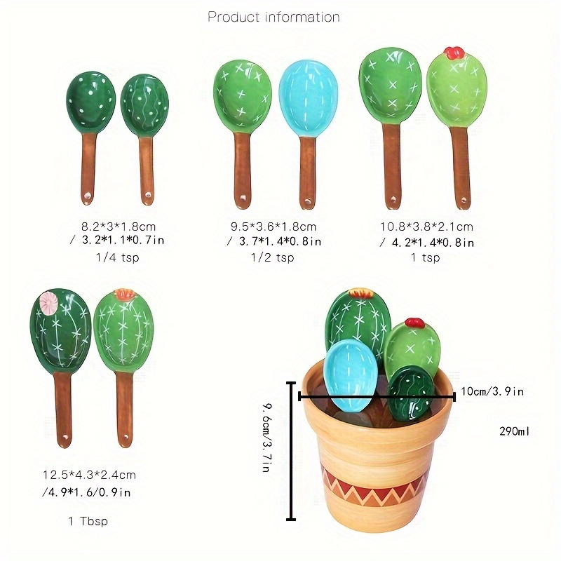 Cactus Measuring Spoons Set in Pot - Cute Cactus Shape Porcelain Measuring  Spoon with Base Suitable for Milk Powder Sugar Salt Wet Dry Ingredients