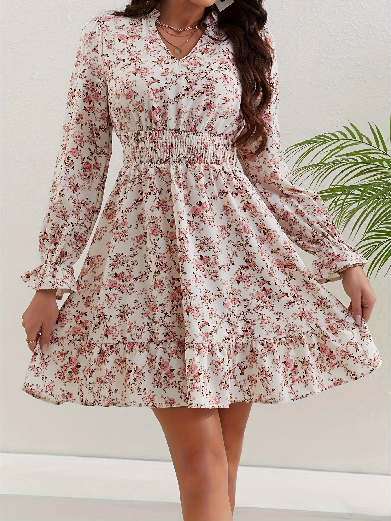 Full Printed Shirred Waist Dress Vacation V Neck Long Sleeve Maxi Dress  Women‘s Clothing