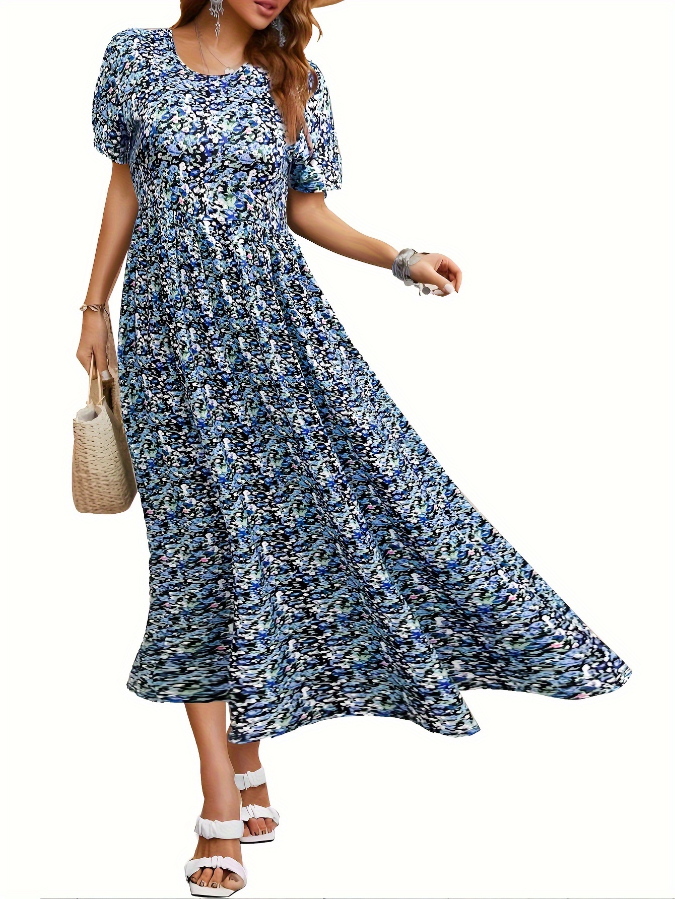 floral print crew neck dress elegant pocket short sleeve dress for spring summer womens clothing