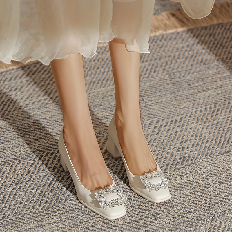 Rhinestone Chunky Heel Pumps Comfortable Slip-On Shoes for Women