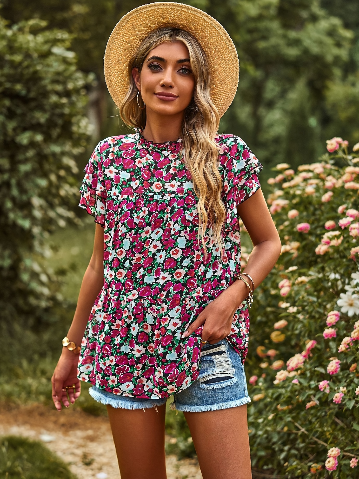 Ruffle Trim Top - Floral Garden