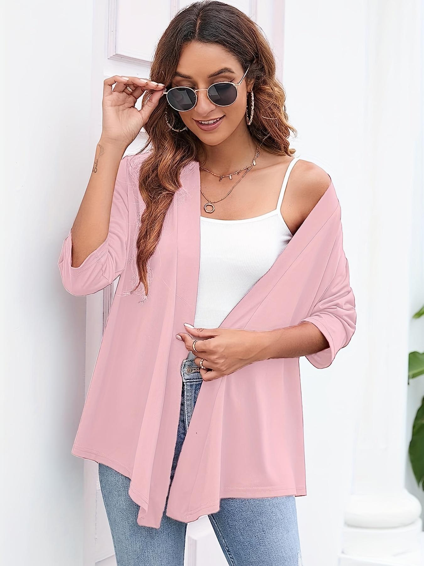 Solid Open Front Draped Cardigan Casual 3/4 Sleeve Cardigan - Temu