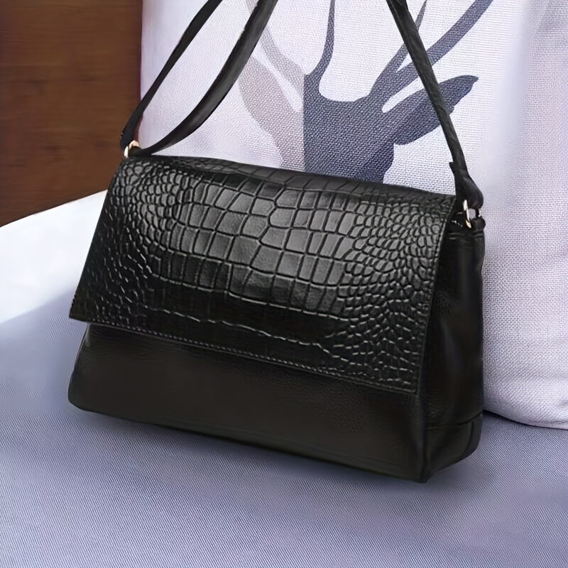 Dissona Luxurious Black Croc Embossed Leather Crossbody Bag