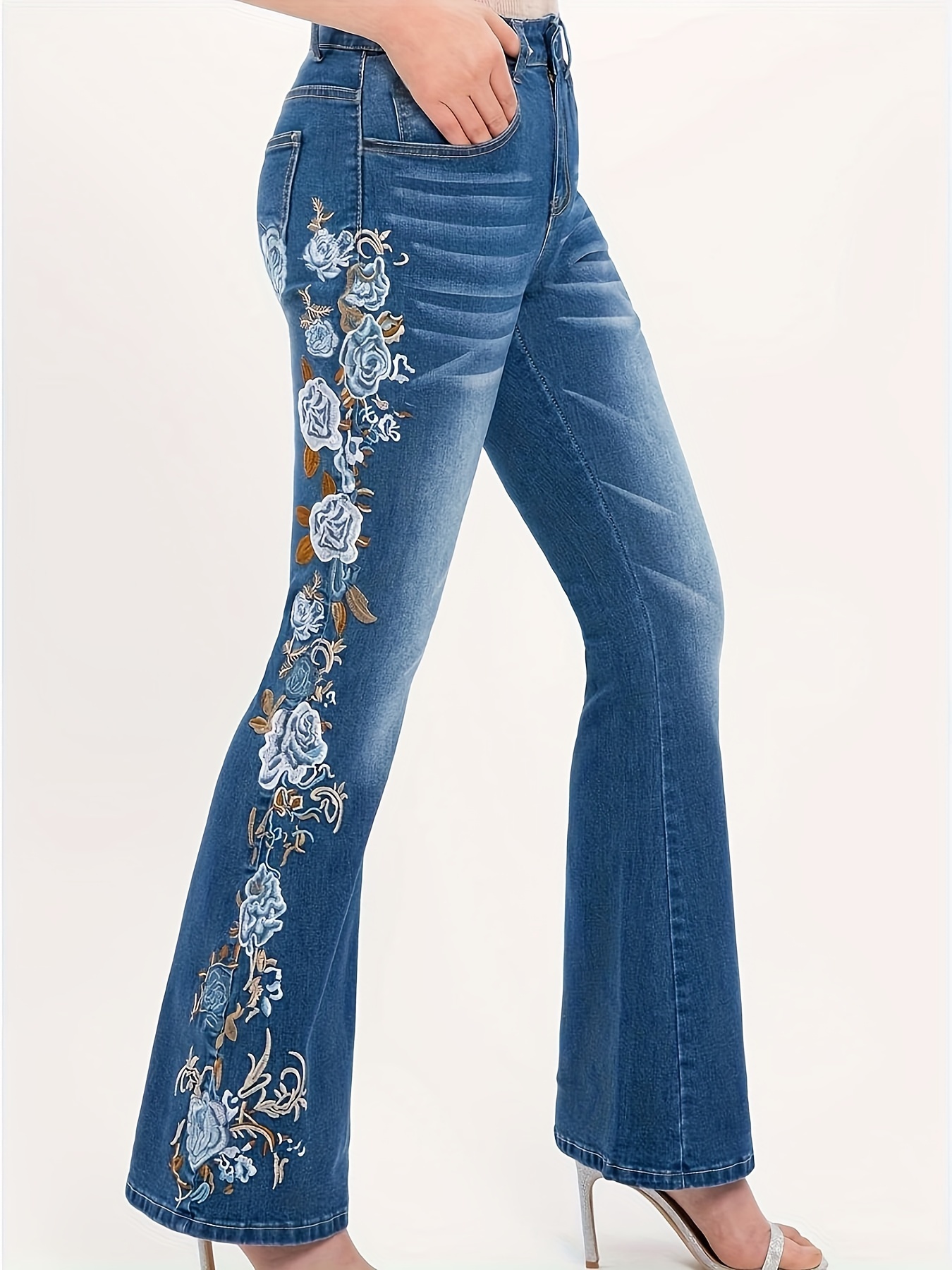 Sunflower Embroidered Decor Flare Jeans Slim Fit High - Temu Canada