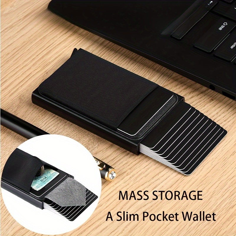 1pc Mens Slim Aluminum Wallet With Elasticity Back Pouch Id Credit Card  Holder Mini Rfid Wallet Automatic Pop Up Card Case Purse, Don't Miss These  Great Deals