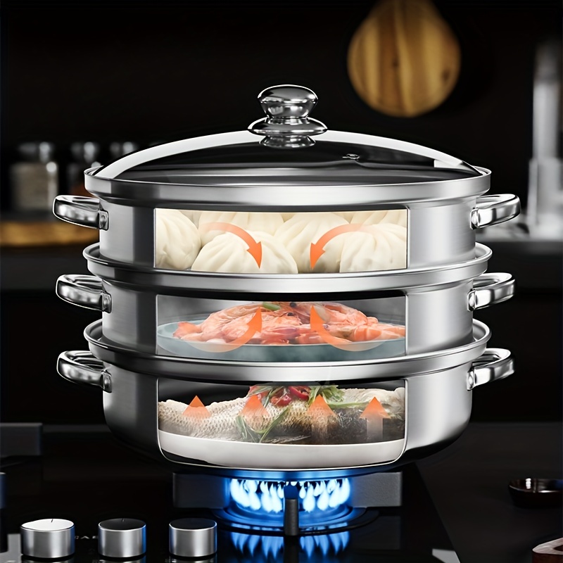 3-Tier Stainless Steel Steamer, Meat Vegetable Cooking Steam Pot Kitchen  Steamer Cooker with Handle for Steaming Tamales, Veggie, Broccoli,  Couscous