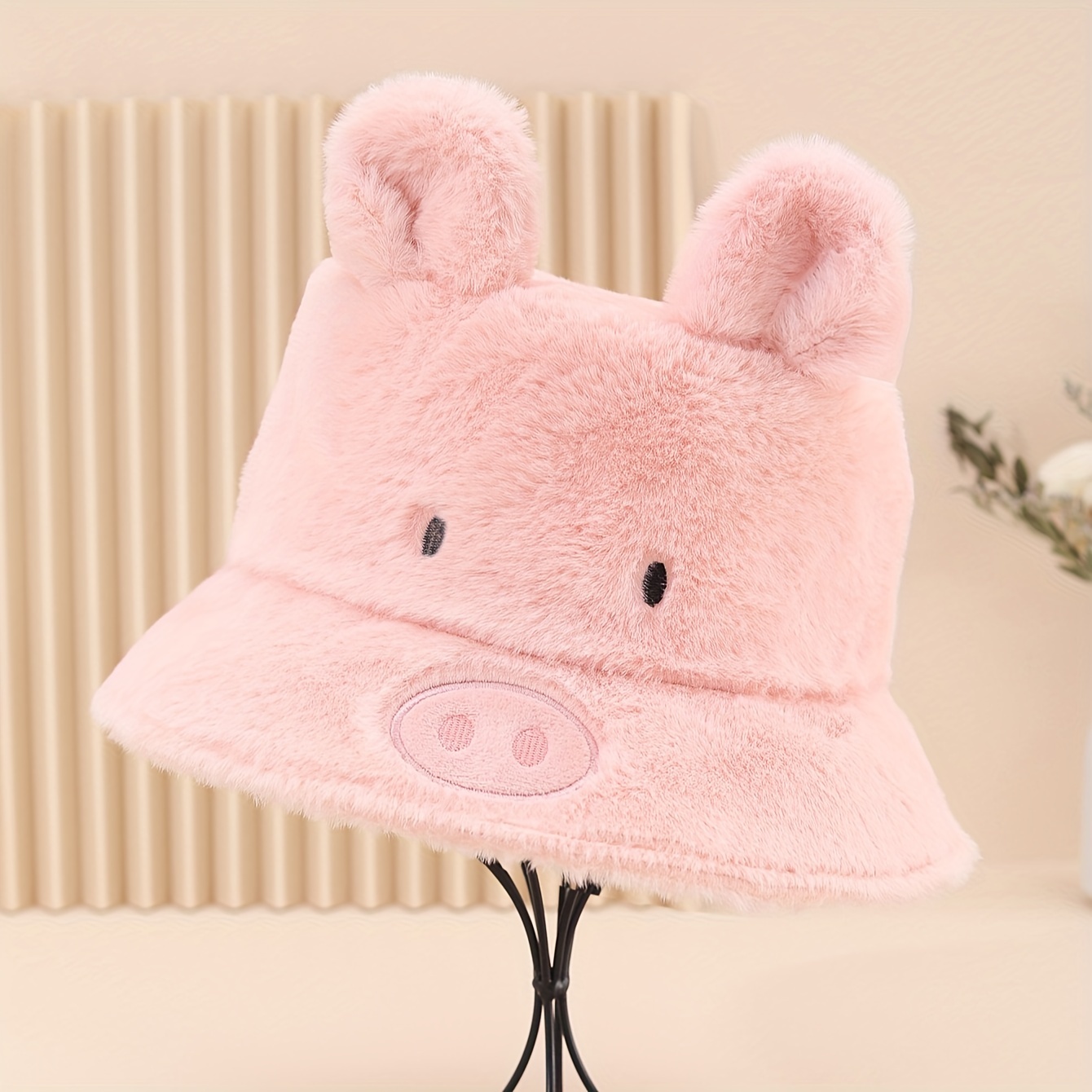 Cute Pig Ears Fuzzy Bucket Hat For Women * Trendy Coldproof Basin Hats  Plush Warm Fisherman Cap Winter Outdoor