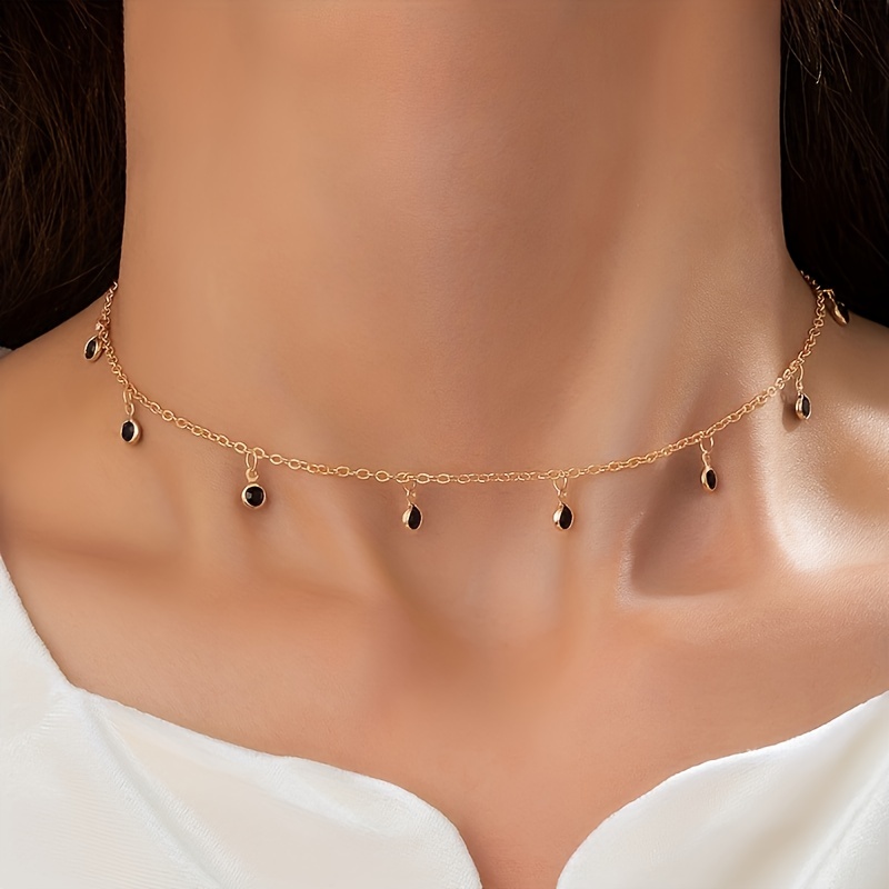 Simple Personality Geometric Inlaid Rhinestone Tassel Single Layer Necklace  Choker Clavicle Chain Gift