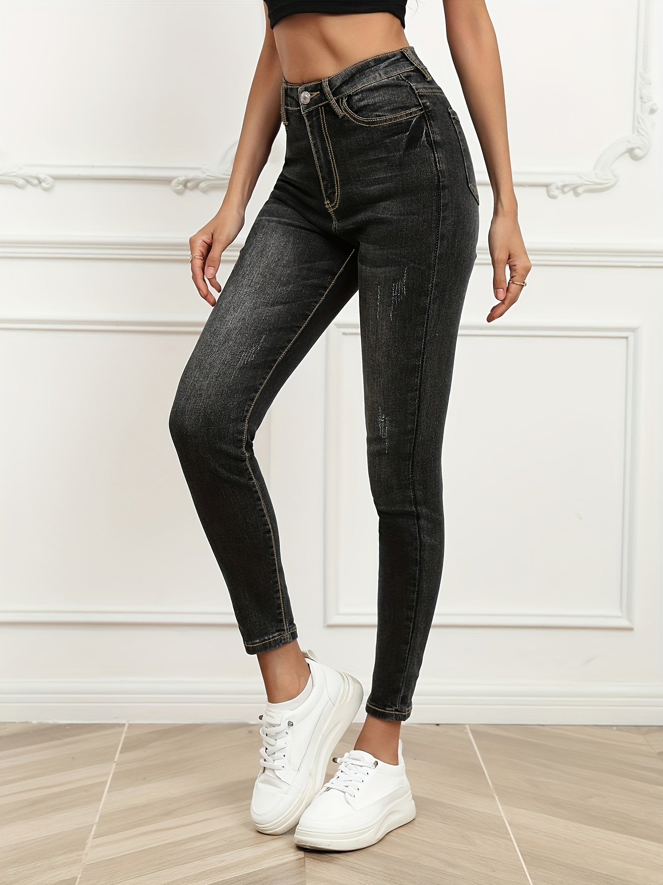 Jeans ajustados negros elásticos de tiro alto, pantalones de mezclilla  ajustados de color sólido de cintura alta, jeans y ropa de mezclilla para  mujer