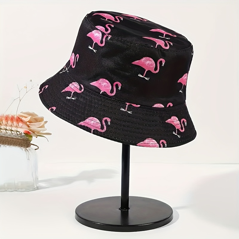 

1pc Unisex Trendy Versatile Sunshade Bucket Hat With Flamingo Leaf Pattern, Double-sided Sun Hat For Outdoor Vacation Travel