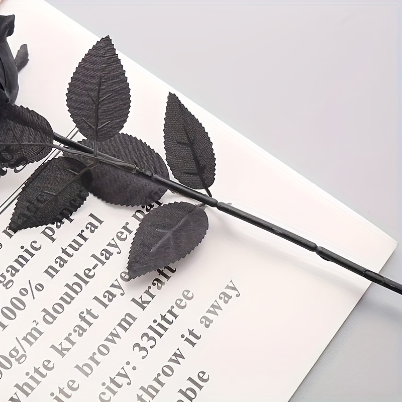 Kisflower 12pcs Halloween Decorations Black Flowers, Artificial Black Roses, Realistic Single Stem Flowers Silk Fake Rose Bouquet for Wedding Party