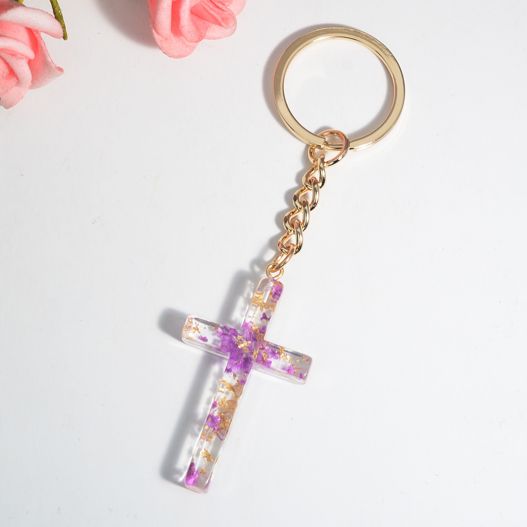 dried flower cross keychain christian cute key chain ring purse bag backpack charm car ornament earbud case cover accessories women christmas gift purple 11