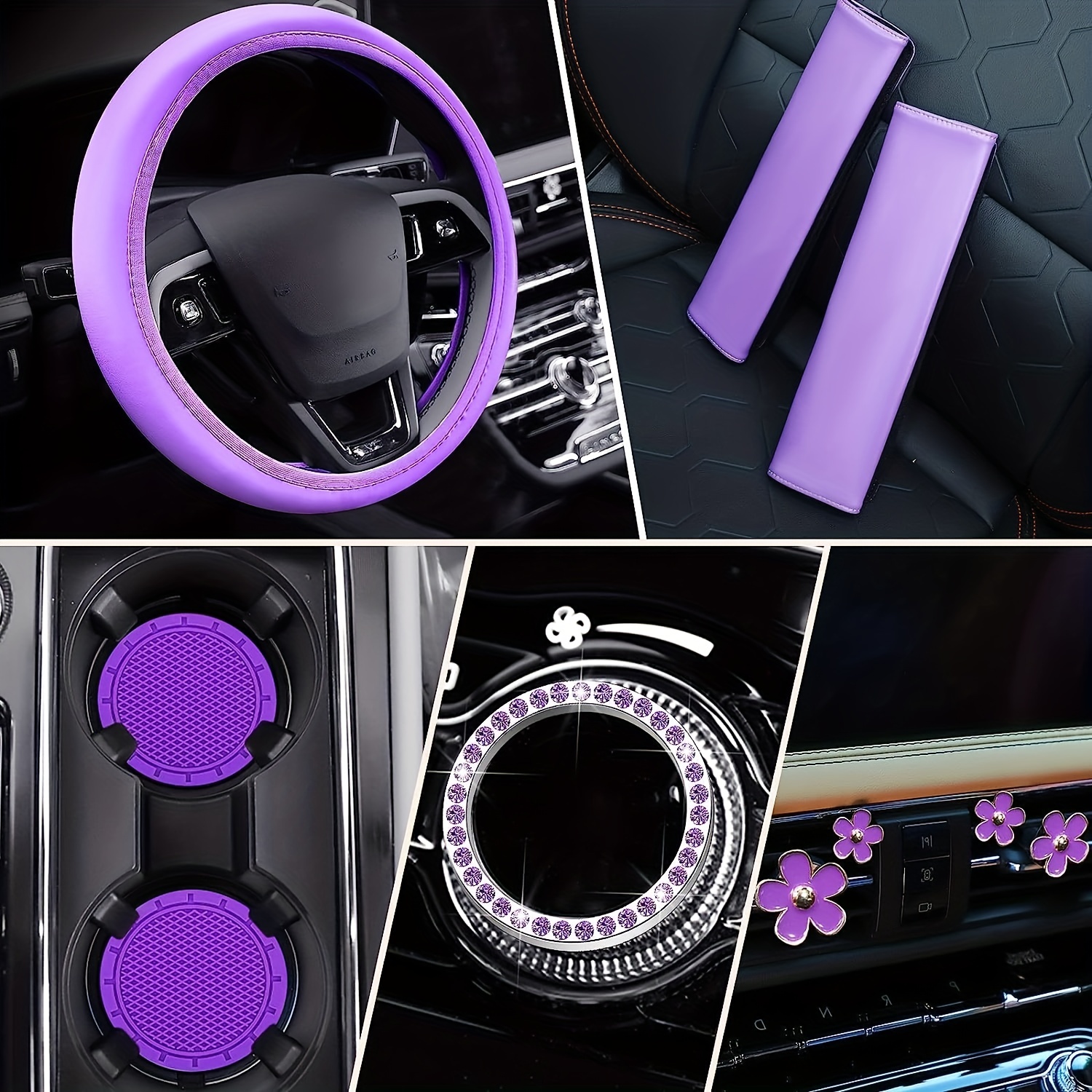 10pcs Purple Pu Leather Steering Wheel Cover Set Women Cute Car Accessories  Set Seat Belt Covers Bling Start Button Ring Air Vent Clip - Automotive -  Temu