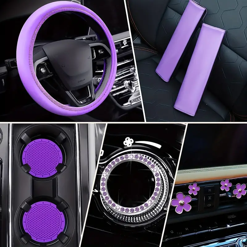 10pcs Purple Pu Leather Steering Wheel Cover Set Women Cute Car