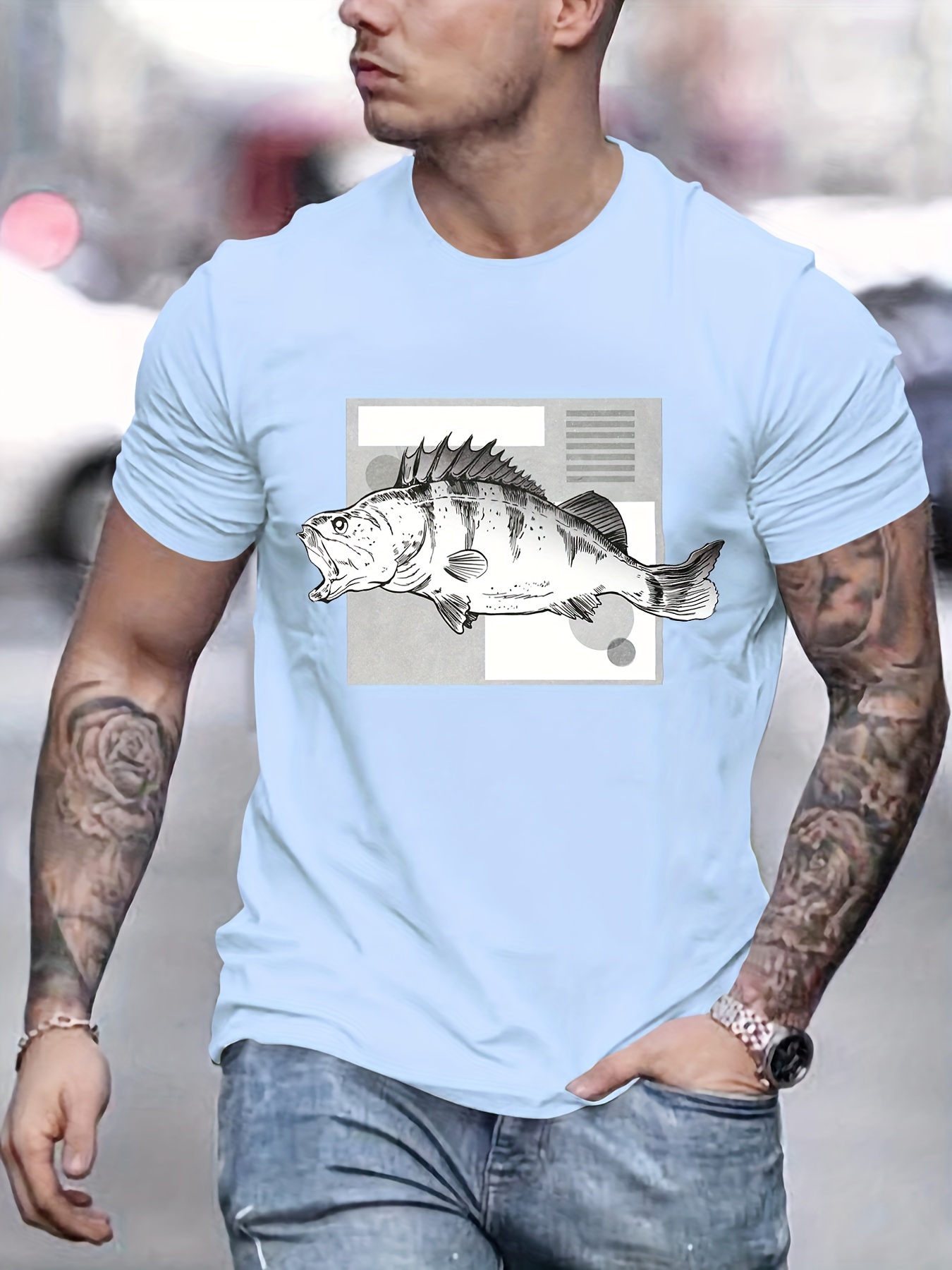 Solid Crew Neck Cotton T-shirt, Men's Stylish Summer Fish Pattern Print Comfy Graphic Tee Outdoor Clothes Clothing Gift For Men Tops,Lake Blue