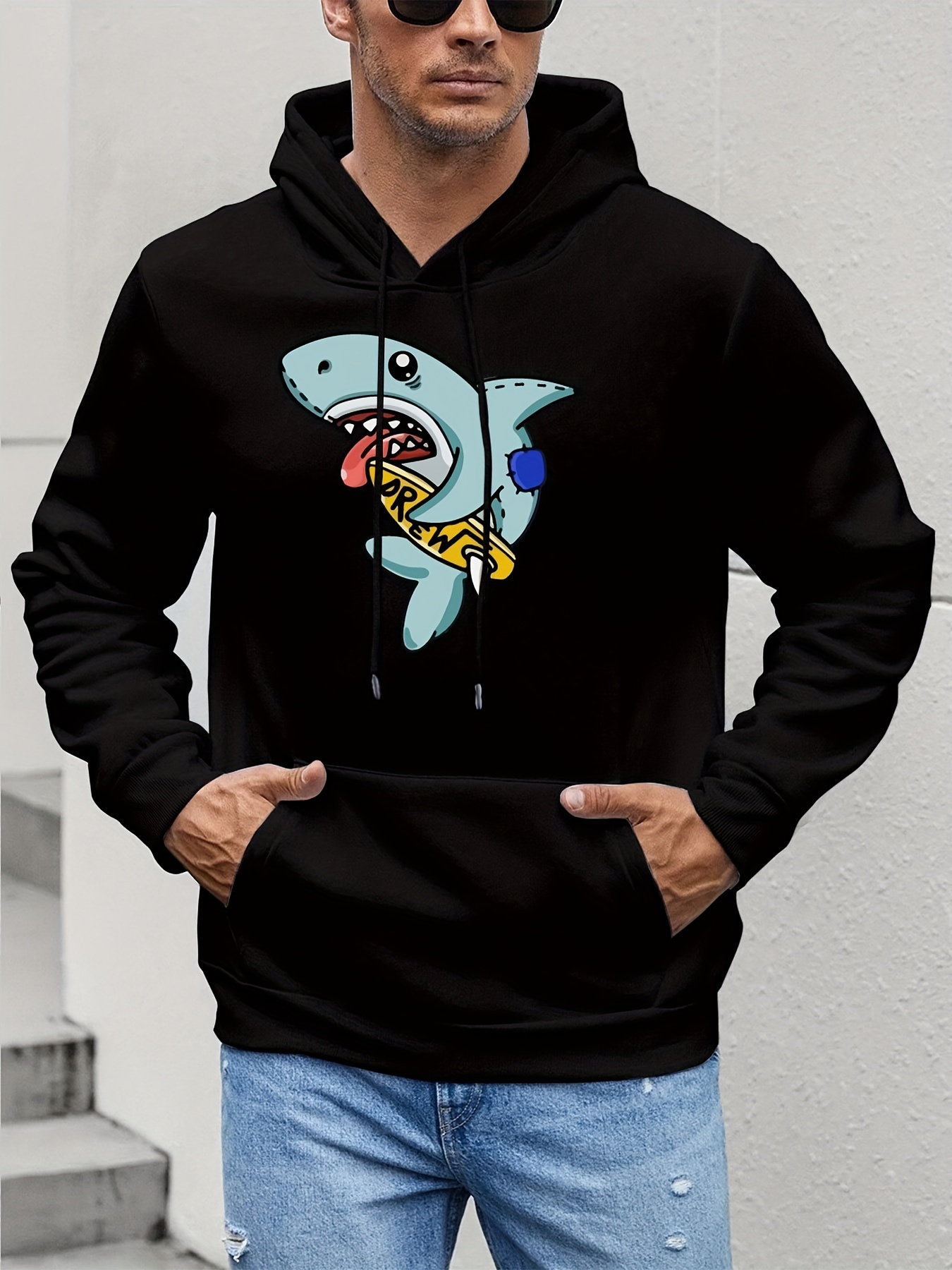 cute Shark Graphic Print Men's Casual Fleece Warm Hoodies