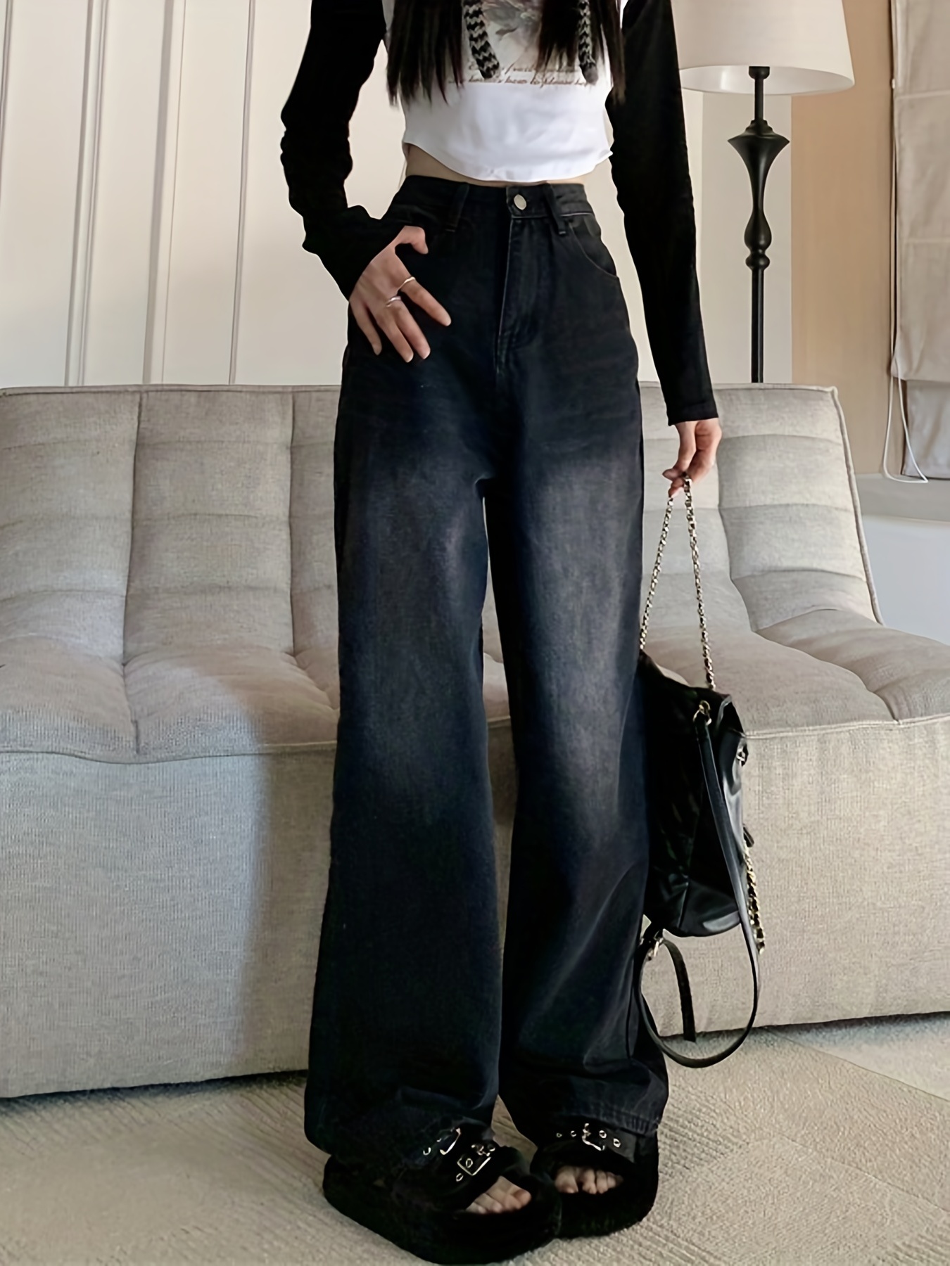 Black Loose Fit Straight Jeans Wide Legs Slant Pockets - Temu
