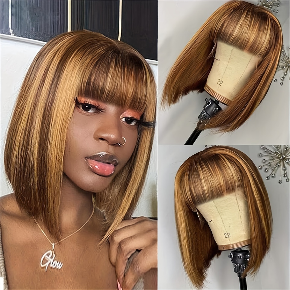 Short Bob Highlight Human Hair Wig Bangs Brazilian Ombre Temu Ireland 8852