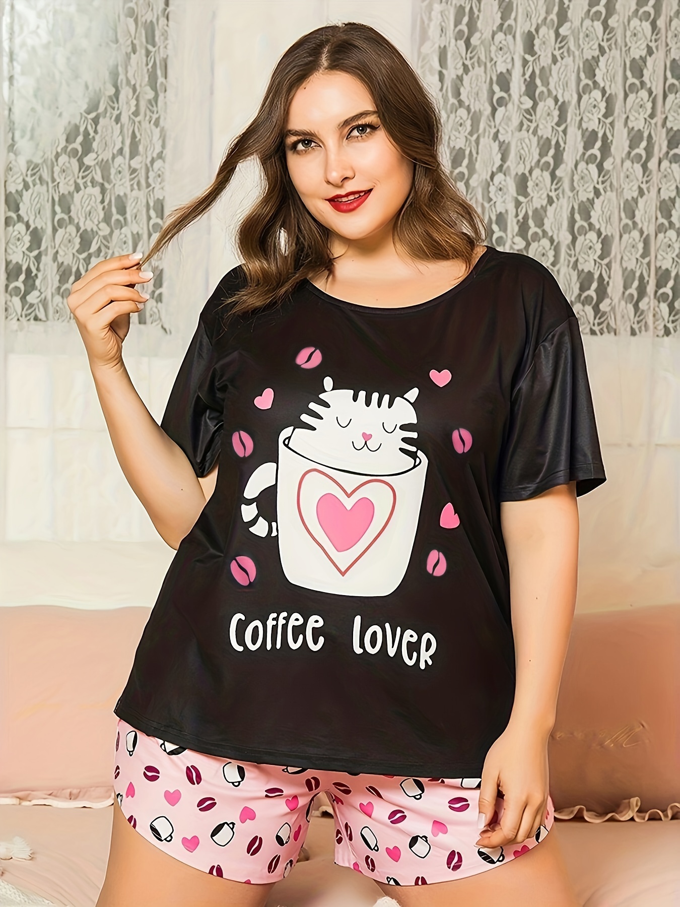 Plus Size Casual Pajamas Set Women's Plus Heart Cat Print - Temu