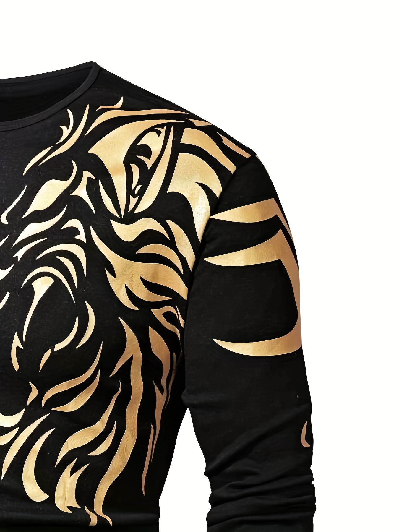 Men's Trendy Golden Tiger Print Long Sleeve T-Shirt Sports Tees Oversized Tops for Spring & Autumn for Big & Tall Males, Plus Size,Temu