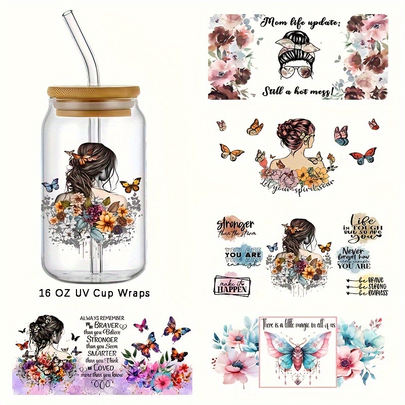 5pcs/Set Waterproof Mama Design Floral Sticker For 16oz Glass Cups